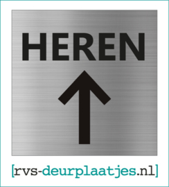 art.nr. 054-rvs wc deurplaatje- rvs wc deurbordje-rvs pictogrambordje-wc deurplaatjes-tekst HEREN + PIJL RECHTDOOR  - 9x9 CM