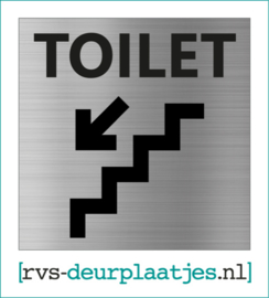 art.nr. 063-rvs wc deurplaatje- rvs wc deurbordje-rvs pictogrambordje-wc deurplaatjes-tekst TOILET+ TRAP / PIJL LINKSOMLAAG - 9x9 CM