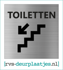 art.nr. 070-rvs wc deurplaatje- rvs wc deurbordje-rvs pictogrambordje-wc deurplaatjes-tekst TOILETTEN+ TRAP / PIJL LINKS OMLAAG - 9x9 CM