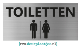 art.nr. 013-rvs wc deurplaatje- rvs wc deurbordje-rvs pictogrambordje-wc deurplaatjes-TEKST TOILETTEN + PICTOGRAM HEREN I DAMES 18x9 CM