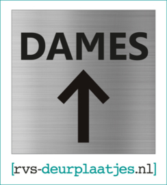 art.nr. 057-rvs wc deurplaatje- rvs wc deurbordje-rvs pictogrambordje-wc deurplaatjes-tekst DAMES + PIJL RECHTDOOR  - 9x9 CM