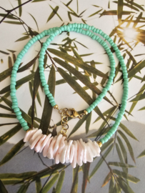 Seadbeads green, pink schelp (goud)