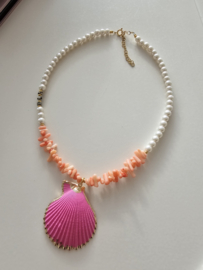 Parel look ketting peach Koraal