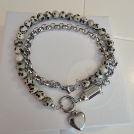 Complete set 50/50 beads ketting Dalmatiër Jaspis met Messagebox