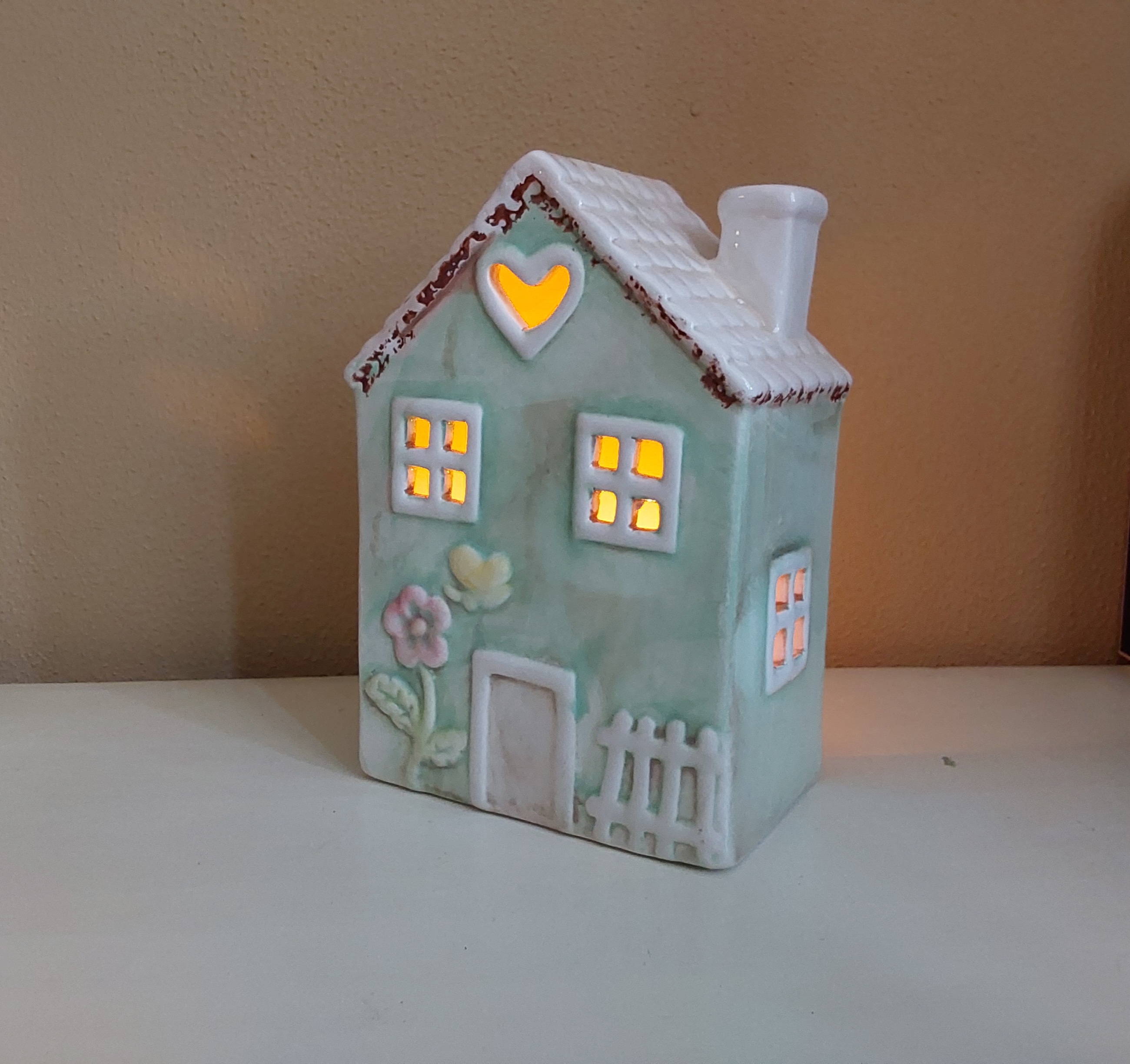 Huisje van keramiek met waxinelichtje,  groen groot