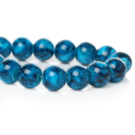 Glaskralen Blauw gemeleerd 10mm, per streng van 60 kralen