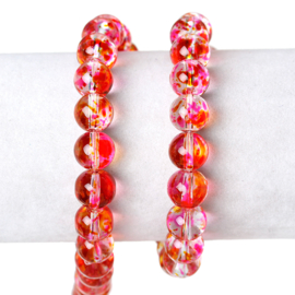 Glaskralen crackle Rood/Roze 10mm, per streng van 60 kralen