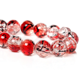 Glaskralen crackle Rood/Wit 10mm, per streng van 60 kralen