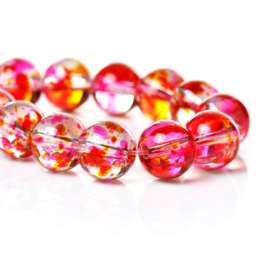 Glaskralen crackle Rood/Roze 10mm, per streng van 60 kralen