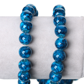 Glaskralen Blauw gemeleerd 10mm, per streng van 60 kralen