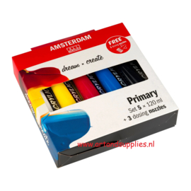 Amsterdam Acrylic Set Primary, 5 x 120ml with 3 dosing spouts