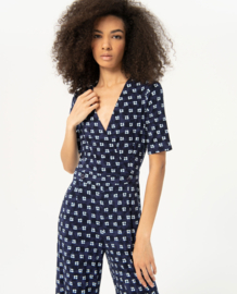 Surkana "Crossover Neckline Jumpsuit", navy blue dots