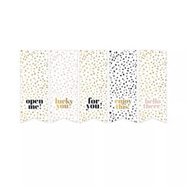 Labelstickers - dots/tekst - goud/zwart/roze - 3x8cm - set 5 stuks