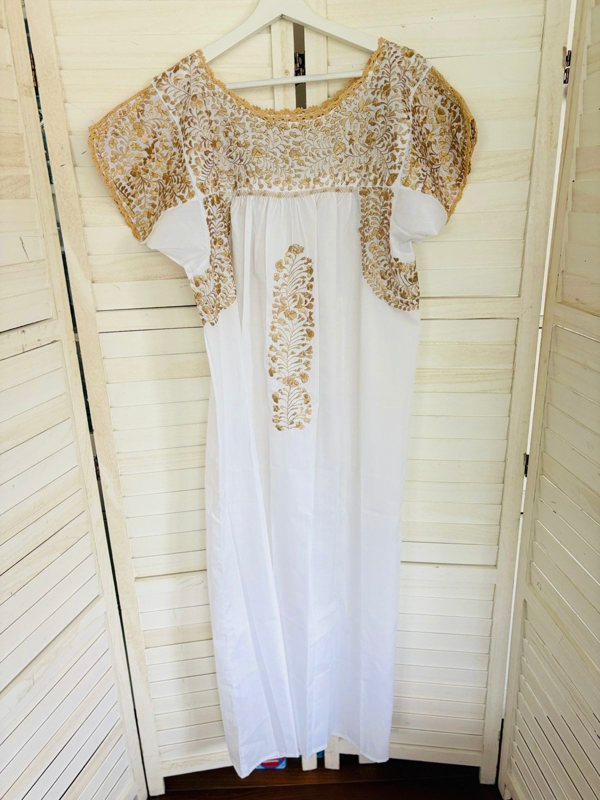 San Antonino dress white with gold embroidery
