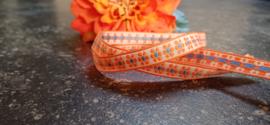 Tekstlint bloem oranje en blauw, per meter