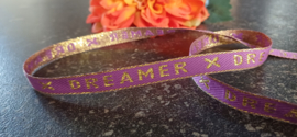 Tekstlint Dreamer paars en goud, per meter