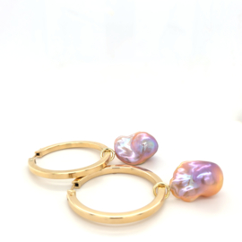 XL Geelgouden Creolen met roze Barokparels