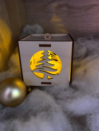 houten kubus kerstbal met verlichting