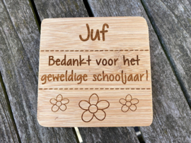 set van 4 houten onderzetters einde schooljaar juf/meester