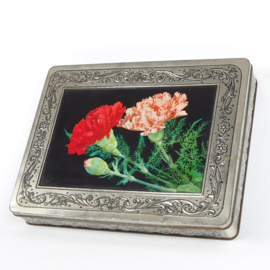 Brocante blik / koektrommel Patria met anjers
