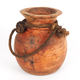 Traditionele oude Nepalese houten kruik / pot - 22 cm hoog