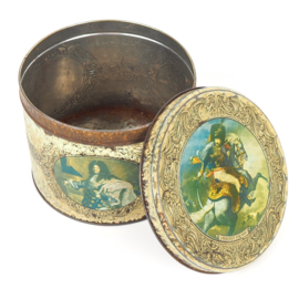 Decoratieve ronde vintage Doria koektrommel uit Italië met historische personen