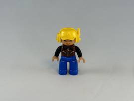 Piloot blauwe broek met zwart bruine jas en gele helm Duplo