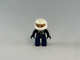 Politie motoragent zwart met blauw pak en witte helm Duplo