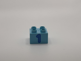 Cijfer 1 op blok medium azuurblauw, donkerblauwe ėėn Duplo