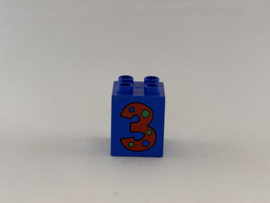 Blok 4 nops hoog blauw getal 3 met stippen Duplo