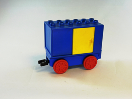 Containerwagon blauw met gele schuifdeur Duplo