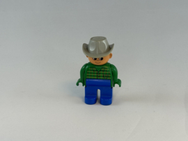 Cowboy blauwe broek, groene trui en grijze hoed Duplo