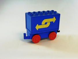 Containerwagon blauw met gele schuifdeur Duplo