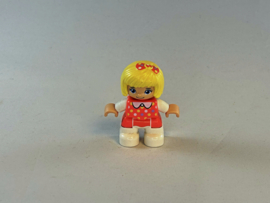 Meisje met roze jurk, blond haar met strikje Duplo