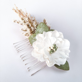 Haarkam met gedroogde bloemen en haarpin - S - Wit