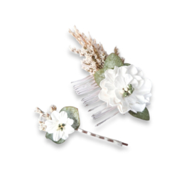 Haarkam met gedroogde bloemen en haarpin - S - Wit