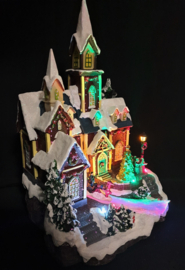 2 x Kerk groot met torens - draaiende kerstboom - verlichting - fiber optic - muziek  KH5072