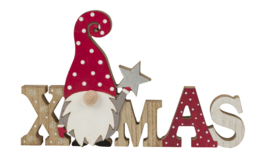12 x Houten Decoratie schrift Xmas met Gnoom H=17cm B=28cm KD5100