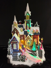 2 x Kerk groot met torens - draaiende kerstboom - verlichting - fiber optic - muziek  KH5072