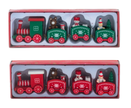 8 x Houten Treinsetjes - Set van 4 - B=20cm H=4,8cm - Rood en Groen KD5010