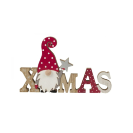 12 x Houten Decoratie schrift Xmas met Gnoom H=17cm B=28cm  KD5100