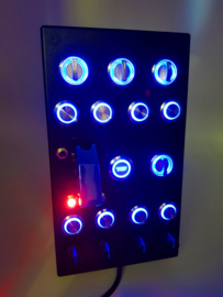 PC USB 30 functions button box for Simracing 8x 16mm back-lit BLUE buttons, 4 encoders, 4x 2 way backlit rotaries and engine start button with ignition toggle and 2 led's