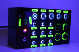 PC USB 31 functions button box for Simracing with all backlit BLUE buttons, 4 encoders, 4x 2 way backlit rotaries and engine start button with ignition toggle