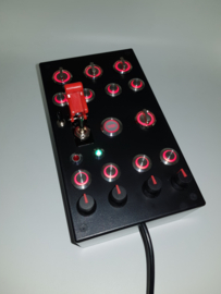 PC USB 30 functions button box for Simracing 8x 16mm back-lit RED buttons, 4 encoders, 4x 2 way backlit rotaries and engine start button with ignition toggle and 2 led's