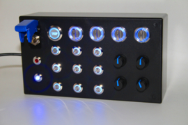 PC USB 31 functions button box for Simracing with all backlit BLUE buttons, 4 encoders, 4x 2 way backlit rotaries and engine start button with ignition toggle