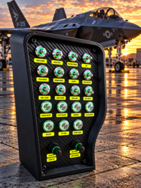 Pc Usb button box 3D printed carbon style tilted centre console 27 functions back-lit Green toggles & 2x dual encoders for DCS
