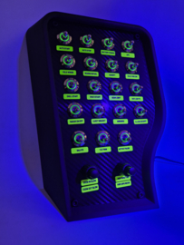 Pc Usb button box 3D printed carbon style tilted centre console 27 functions back-lit Green toggles & 2x dual encoders for DCS