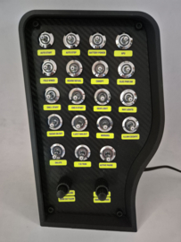 Pc Usb button box 3D printed carbon style tilted centre console 27 functions back-lit Green toggles & 2x dual encoders for DCS