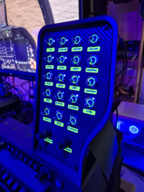 Pc Usb button box 3D printed carbon style tilted centre console 27 functions back-lit Green toggles & 2x dual encoders for DCS