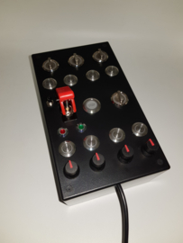 PC USB 30 functions button box for Simracing 8x 16mm back-lit RED buttons, 4 encoders, 4x 2 way backlit rotaries and engine start button with ignition toggle and 2 led's